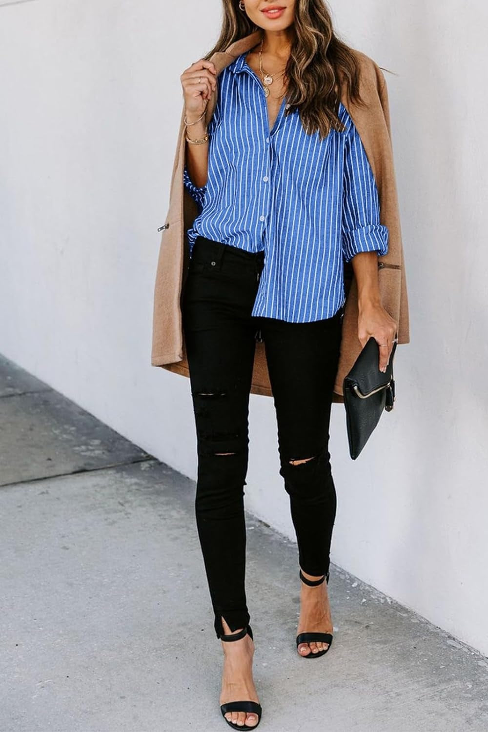 Blue and White Striped Button Up Collared Shirt