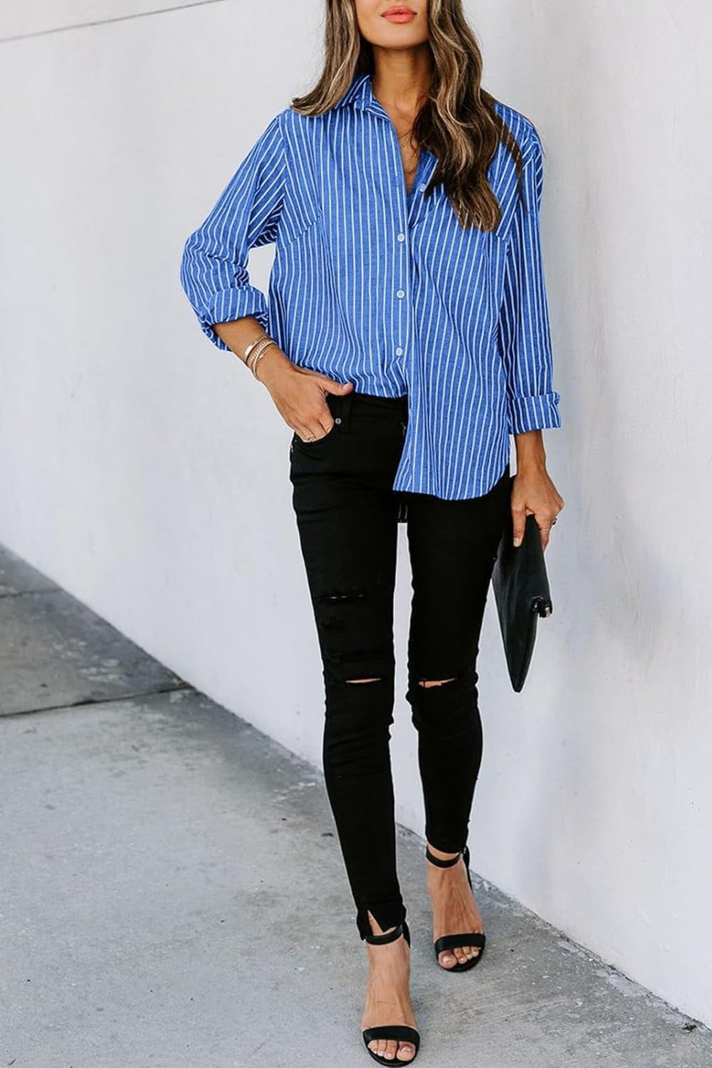 Blue and White Striped Collared Button Up Shirt