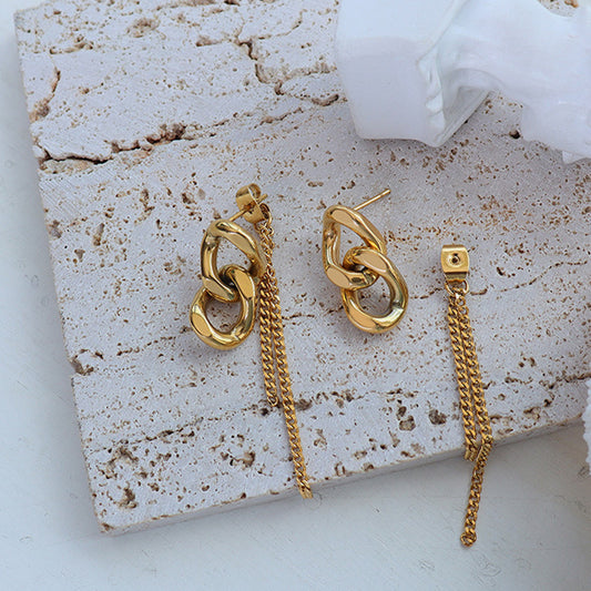 Double Chain Gold Earrings showing the back cuffs with smaller thin chains while the front is thick with 2 links