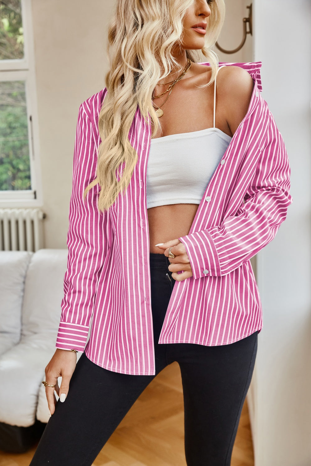 Pink and White Striped Button Up Shirt unbuttoned