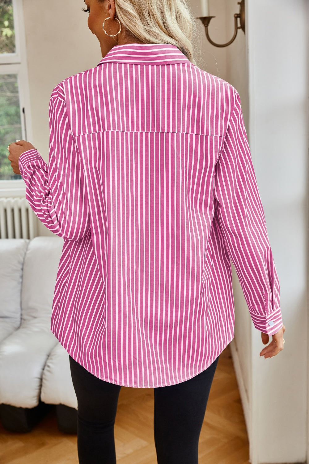 Back of Pink and White Striped Button Up Shirt