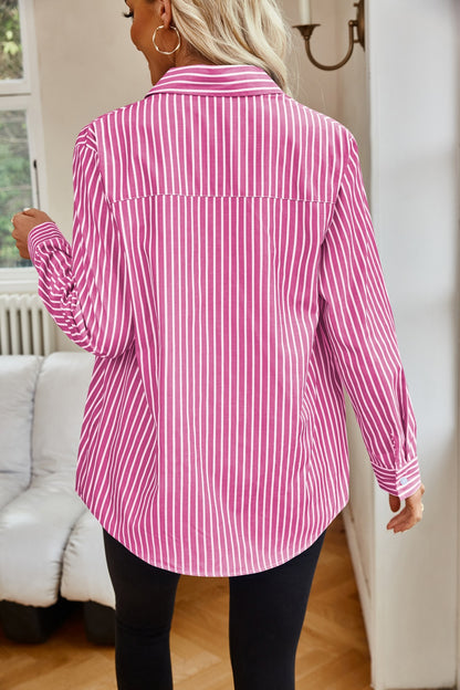 Back of Pink and White Striped Button Up Shirt