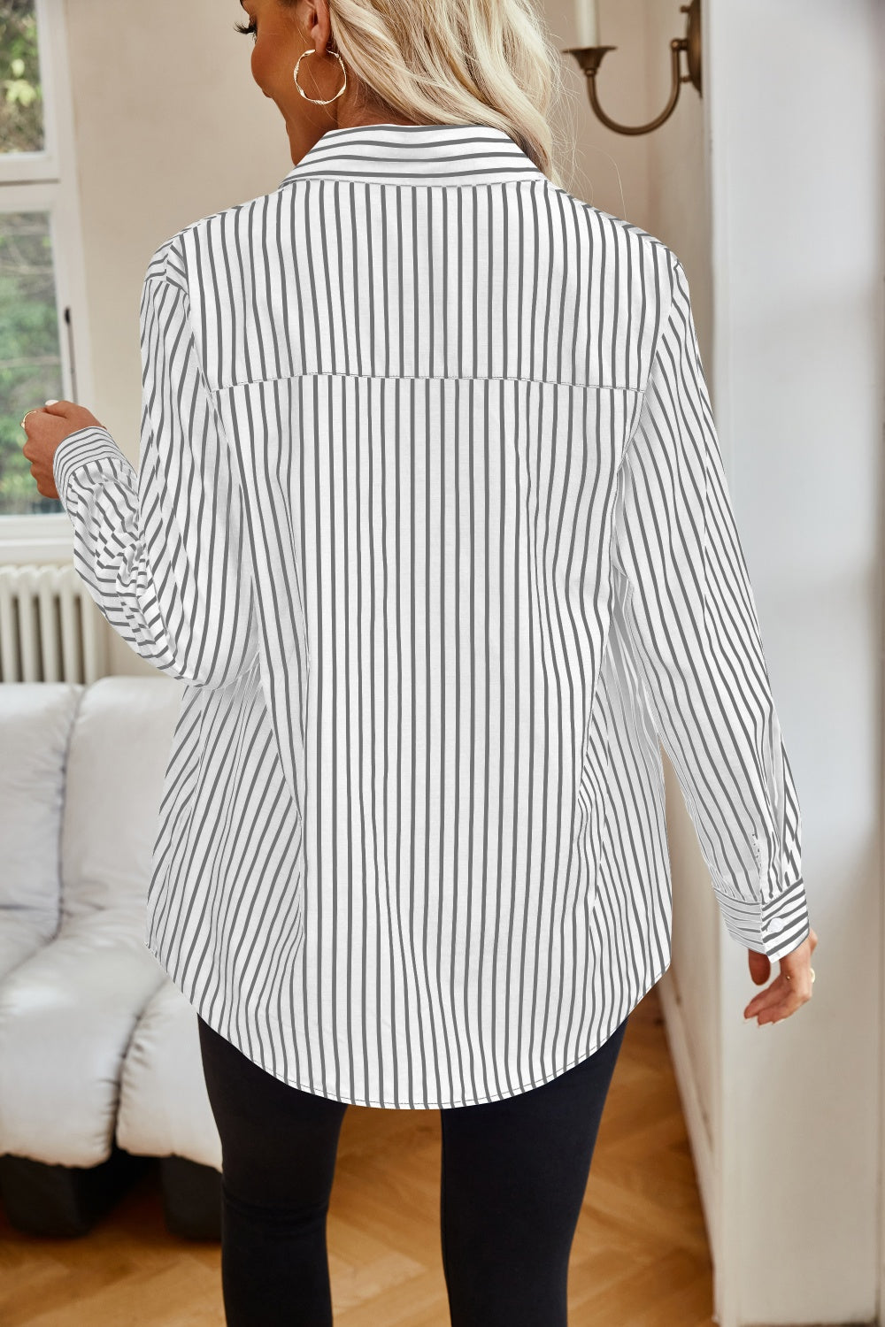 White Collared Button Up Shirt with Black Vertical Stripes loosened