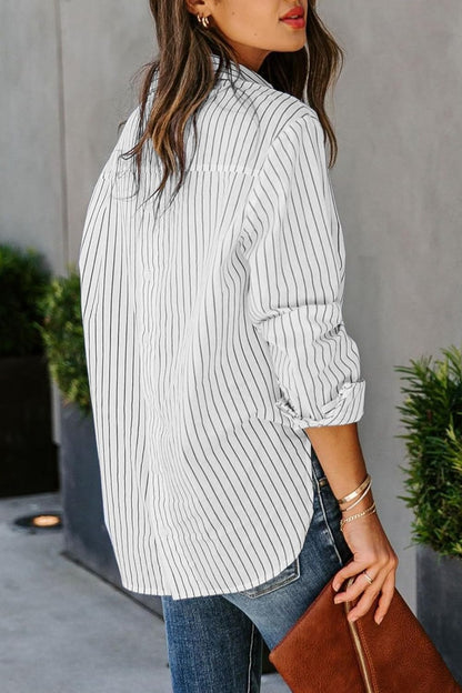 White Collared Shirt with Black Vertical Stripes Back
