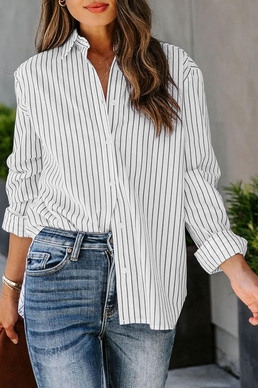 White Collared Buttoned up Shirt with Black Vertical Stripes