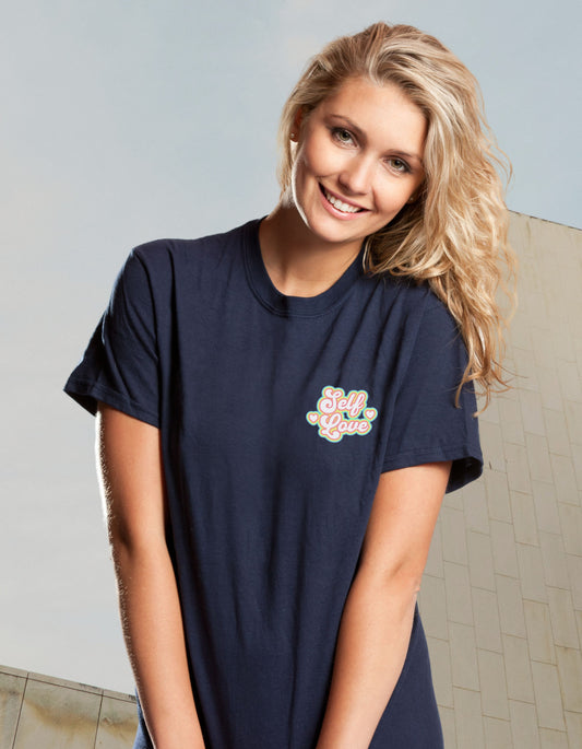 model wearing navy blue self love graphic tee