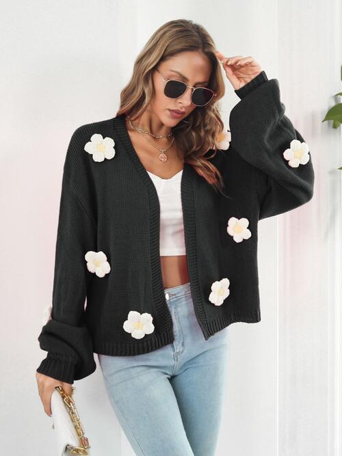 Black knitted cardigan with 3D white flowers