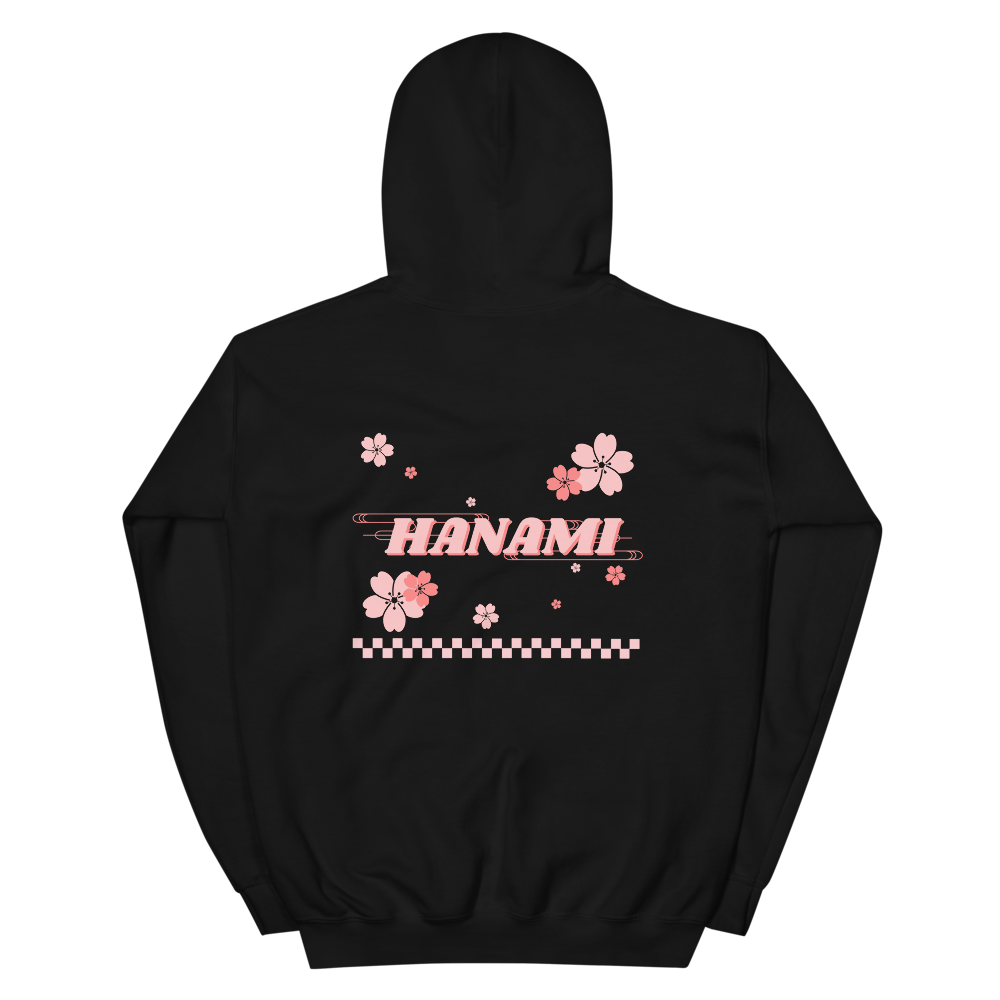 Back of Black Cherry Blossom Breeze Sweater with Hanami on it