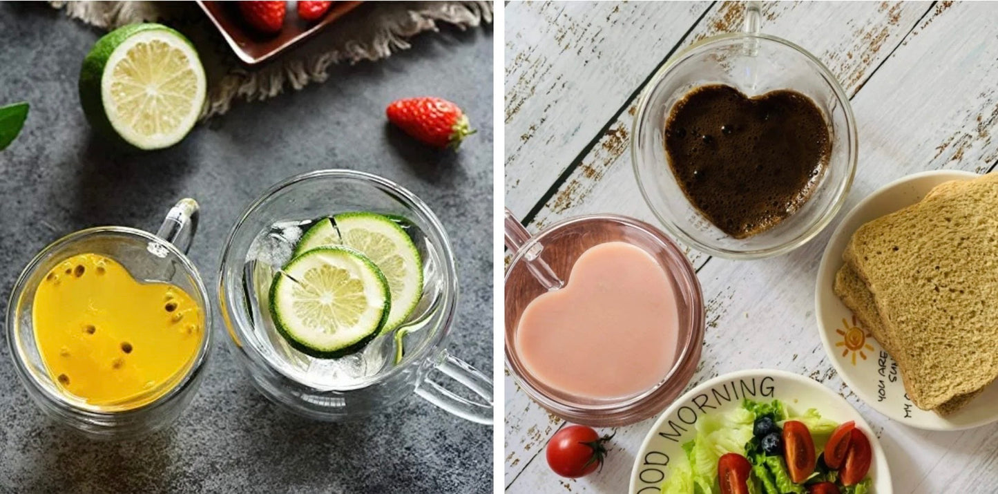 Glass cup shown from aerial view to show the shape of a heart when filled with different beverages. 