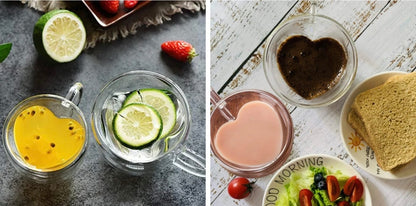 Glass cup shown from aerial view to show the shape of a heart when filled with different beverages. 