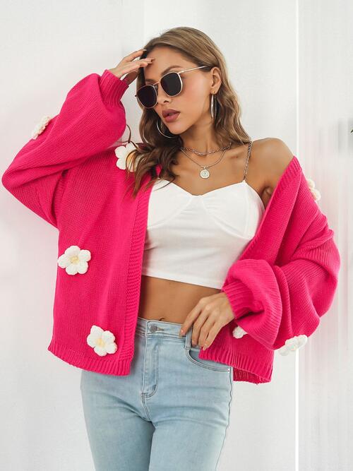 Model with 3D floral Hot Pink  knitted Cardigan outerwear