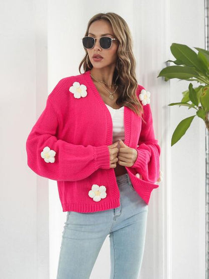 Model with 3D Floral Hot Pink Cardigan. 
