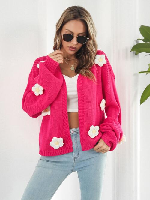 Model with 3D Floral Hot Pink Cardigan outerwear. 