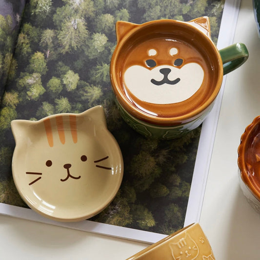 Yellow Cat Lid with the Shiba Inu Mug. Potters mug