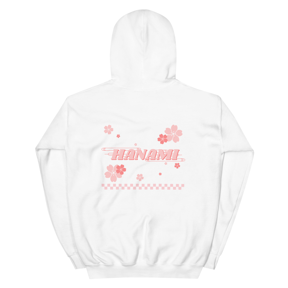 Back of White Cherry Blossom Breeze Sweater with Hanami on it